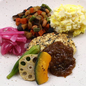 Tofu Hamburg and Onion Sauce with Japanese Potato Salad (Vegan)